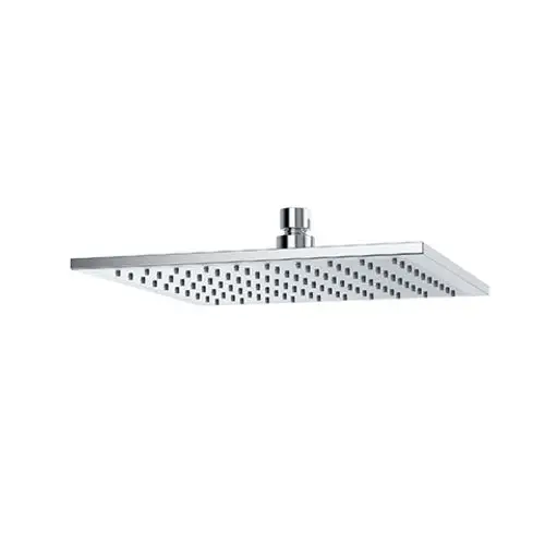 Eckige, flache Kopfbrause in Chrom von Kludi mit gleichmäßiger Düsenanordnung zur Wasserverteilung.